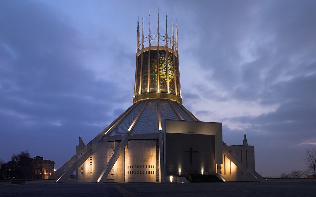 Liverpool Metropolitan Cathedral at dusk (reduced grain), corrected perspective