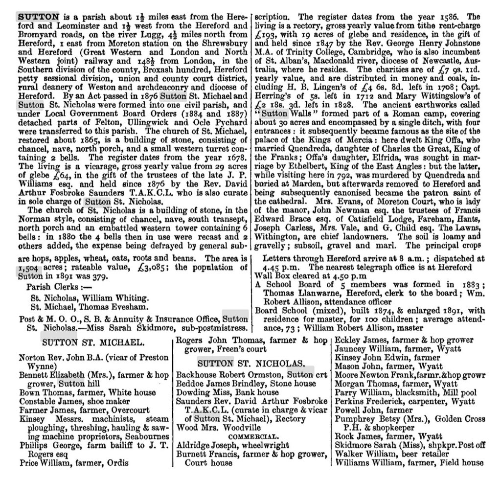1895 Sutton, Herefordshire, Kelly's Directory of Herefordshire & Shropshire, 1895. (Part 1
